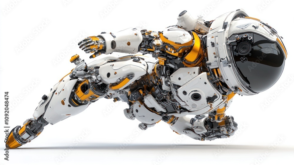 Poster a futuristic robotic astronaut in a dynamic pose, showcasing advanced technology and design.