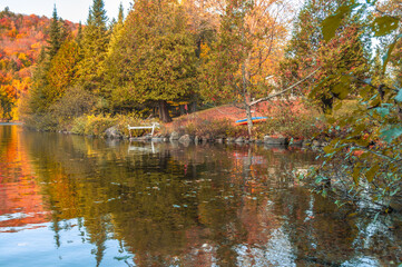 autumnal reflection on a lake in the Quebec countryside, Canada