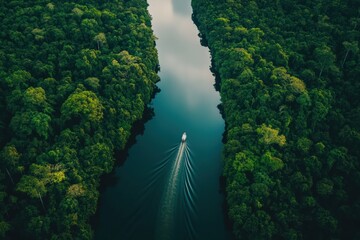 A winding river flowing through the Amazon rainforest, with a small boat navigating the waters and dense jungle stretching as far as the eye can see