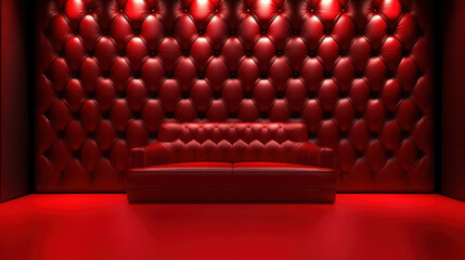 Fototapeta premium Luxurious red sofa against tufted red wall, creating bold and stylish interior. vibrant color and texture evoke sense of elegance and modern design