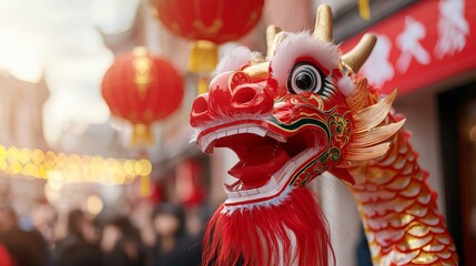 Chinese new year dragon dance blessings concept, A vibrant dragon mask adorned with red and gold, set against a festive background with lanterns, symbolizing celebration and cultural heritage.