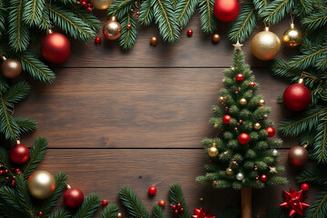 Christmas decoration on wooden background. Holiday fir tree & balls with space for text.