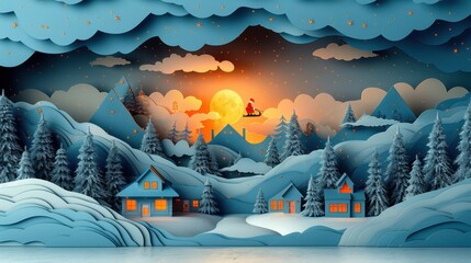 Fototapeta premium Santa Claus Soaring Over a Papercut Winter Village