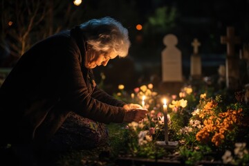 An elderly woman kneels at a grave, praying and lighting a candle in remembrance on All Saints' Day