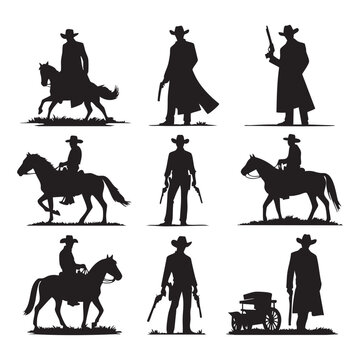 Set of cowbow silhouette on white background