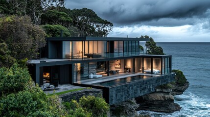 Coastal cliffside mansion with sleek, modern architecture and glass walls overlooking a stormy ocean