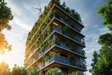 Eco-friendly skyscraper with solar panels and wind turbines integrated into the design