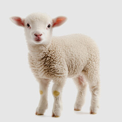 Fototapeta premium Adorable Young Lamb Standing in Soft Wool, Showcasing Fluffy White Coat, Bright Eyes, and Playful Expression Against Neutral Background for Farm and Nature Projects