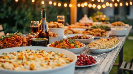 Fototapeta premium beautifully arranged outdoor Thanksgiving table filled with various dishes, illuminated by string lights, creating warm and inviting atmosphere for festive gathering