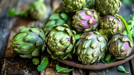 Obraz premium Fresh Green Artichokes on Wooden Table