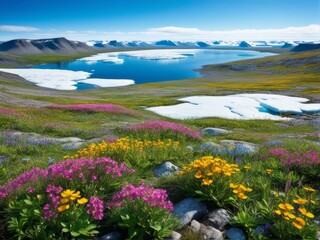 Naklejka premium Crystal clear lake nestled amidst majestic snow mountains, reflecting the vibrant summer sky