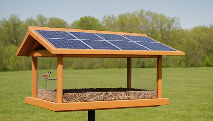 Fototapeta premium Stylish Solar-Powered Bird Feeder Nestled in a Green Landscape
