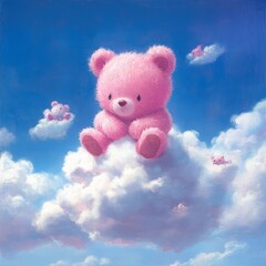 Fototapeta premium Cute Pink Bear on Cloud in Dreamy Sky