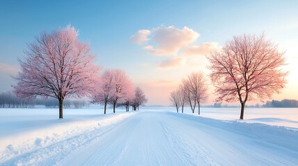Fototapeta premium Winter wonderland snowy landscape with cherry blossom trees tranquil setting scenic viewpoint