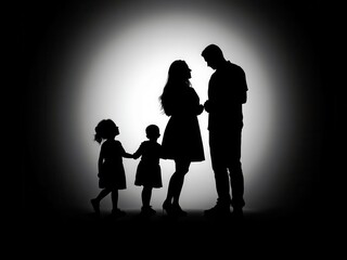 A black silhouette of a family with children standing together, casting a loving shadow on the ground, shadow, love, bonding