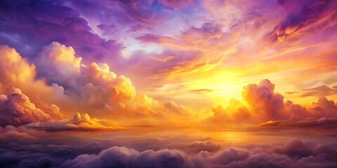 Obraz premium A celestial tapestry of golden hues and lavender clouds, a breathtaking sunset above a sea of soft, white clouds.