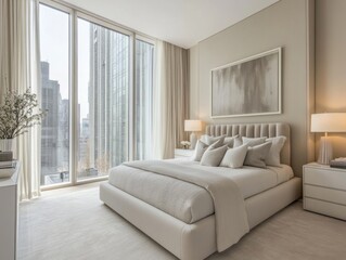 Fototapeta premium Modern Bedroom Design With City View And Neutral Tones