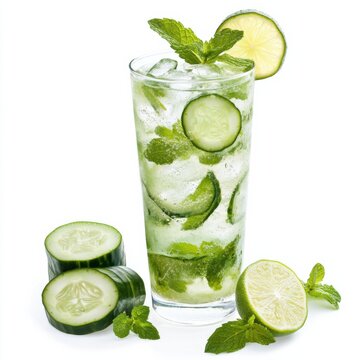 A refreshing cucumber mint mojito with muddled mint leaves and lime wedges, in a highball glass, isolated white background