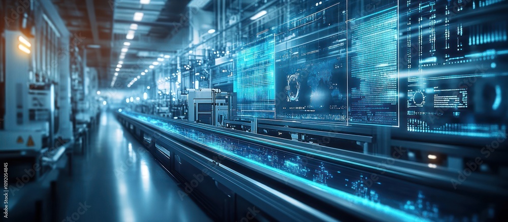 Aufkleber modern factory with futuristic digital interfaces on machines.