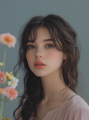 Fototapeta premium Delicate Portrait of a Woman with Pastel Flowers