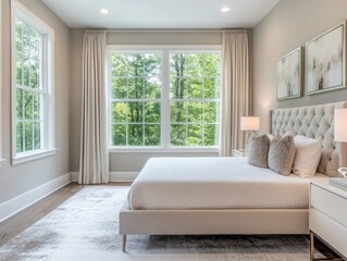 Fototapeta premium Serene Bedroom with Large Windows and Neutral Decor