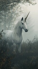Obraz premium Majestic unicorn in a misty forest landscape.