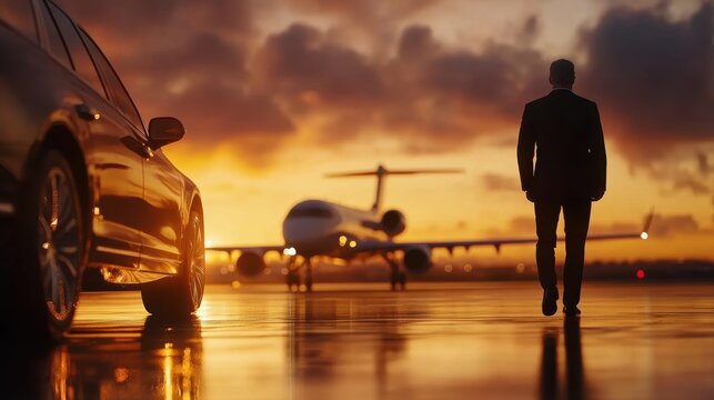 A man in formal attire walking towards a private jet on a tarmac at sunset, with a luxury car in the foreground.

