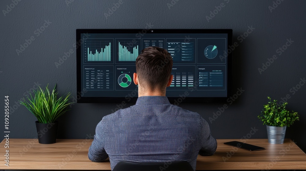 Poster business plan of market execution concept. a person analyzes data on a large screen displaying graph