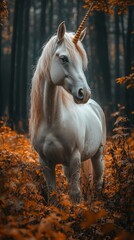 Obraz premium Majestic unicorn in autumn forest setting.