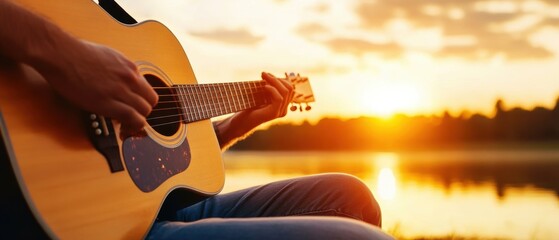 A person strumming an acoustic guitar by a serene lake at sunset, capturing a peaceful and reflective mood.