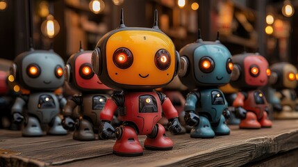 Obraz premium A collection of colorful robot figurines with glowing eyes displayed on a wooden surface.