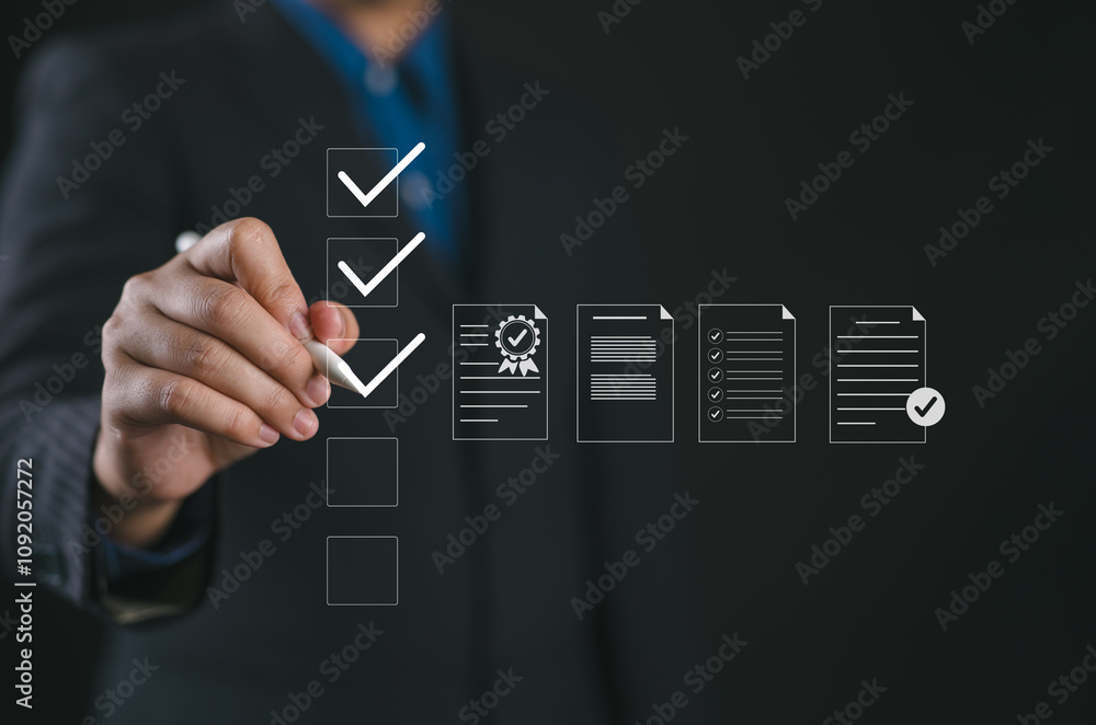 Aufkleber Quality Assurance and Document Control with Checklist Icons. Businessman mark off items on digital checklist, representing quality assurance and document control processes, verification and compliance