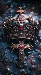 Fototapeta premium Ornate crown with gemstones and cross detail.