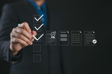 Quality Assurance and Document Control with Checklist Icons. Businessman mark off items on digital...
