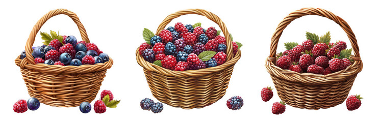 Fresh Baskets of Berries on a White Background. Isolated on transparent background