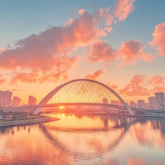 Obraz premium A stunning sunset view of a bridge reflecting in calm waters.