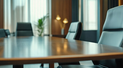 Fototapeta premium modern office table with sleek chairs in well lit workspace, showcasing professional atmosphere. warm wood tones and elegant design create welcoming environment