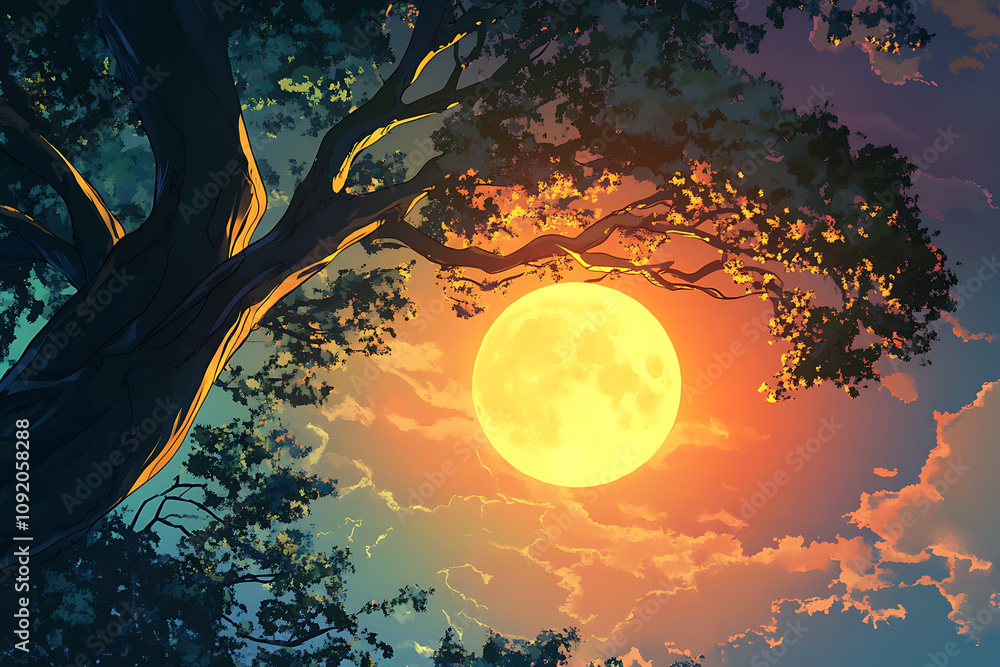 Poster a serene night scene featuring a large moon behind tree branches and colorful clouds.