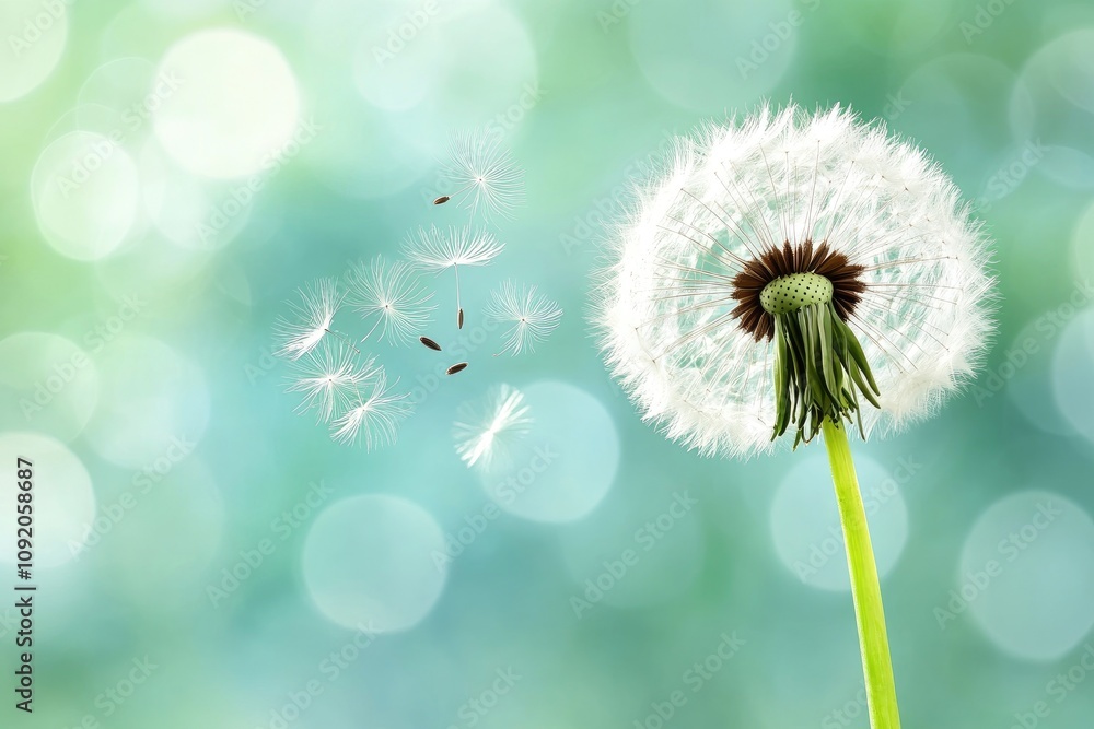 Poster dandelion seeds floating on a green background with bokeh