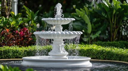 A classic white fountain with water cascading down, set in a lush green park.