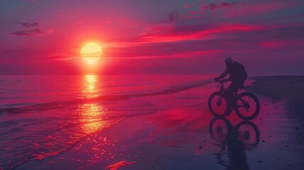 Fototapeta premium Cyclist Rides Bicycle at Sunset Beach Scene