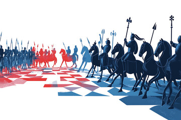 Obraz premium A stylized chess battle scene with knights and pawns in red and blue tones.
