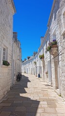Obraz premium A sunny street lined with white buildings and vibrant flower pots.