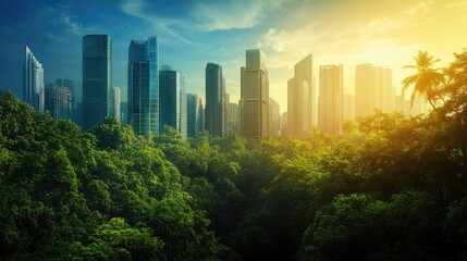 Obraz premium A futuristic cityscape blending with a lush forest, symbolizing imaginative utopian worlds.