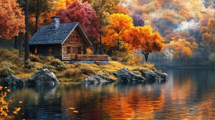 Fototapeta premium A cozy wooden cabin sits on the edge of a lake surrounded by vibrant autumn foliage. The water reflects the colorful trees, creating a serene and peaceful scene.