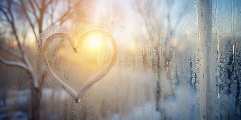 A Heart-Shaped Drawing on a Foggy Window Pane with a Golden Sunburst in the Background