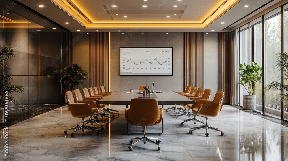 Poster a modern conference room with a large table, chairs, and a large screen displaying a graph.