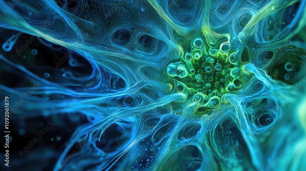 Aufkleber a glowing futuristic neural network in blue and green, symbolizing advancements in ai and neuroscien