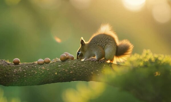 Adorable squirrel perched on a branch at sunset, surrounded by nuts.