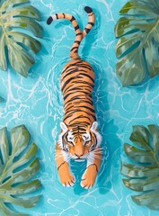 Tiger swimming in a vibrant blue pool.